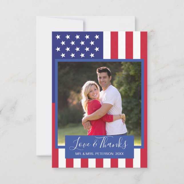 Love Thanks Patriotic American Flag Couples Photo Thank You Card (Front)