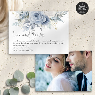 Love Thanks Photo Blue Florals Wedding Thank You Card