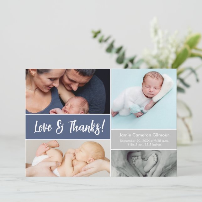 Love & Thanks Photo Collage Blue Baby boy Shower  Thank You Card (Standing Front)