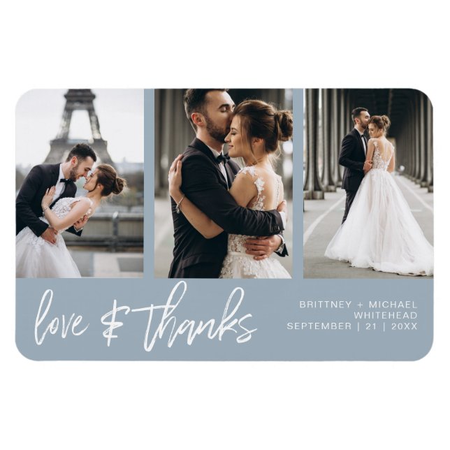 Love Thanks Photo Collage Hand-Lettered Dusty Blue Magnet (Horizontal)