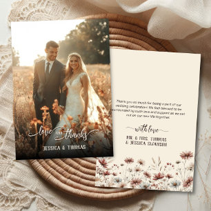 Love Thanks Photo Overlay Boho Wildflowers Wedding Thank You Card