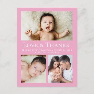 Love & Thanks Pink Baby Photo Collage birth Postcard