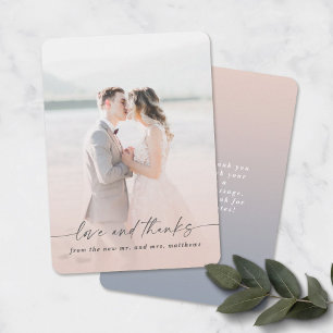 Love & Thanks Pink & Blue Wedding Photo Overlay Thank You Card