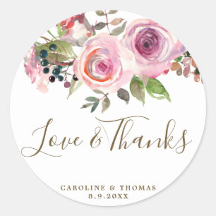 love & thanks purple floral wedding favours classic round sticker