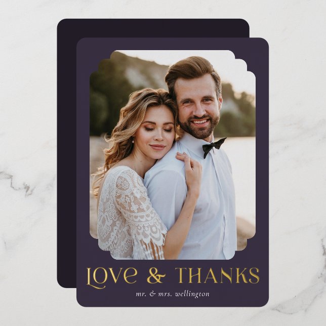 Love Thanks Purple Foil Wedding Thank You Card (Front/Back)
