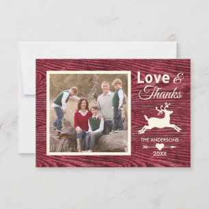 Love Thanks Red Rustic Wood Family Photo Holiday Thank You Card