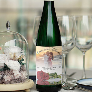 Love & Thanks Romantic Red Rose Wedding Photo Wine Label