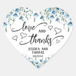 Love & Thanks Rustic Blue Boho Wildflowers Wedding Heart Sticker