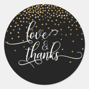 Love & Thanks Script, Gold Confetti on Black Classic Round Sticker
