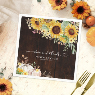 Love & Thanks Sunflower White Pumpkin Wood Wedding Napkin