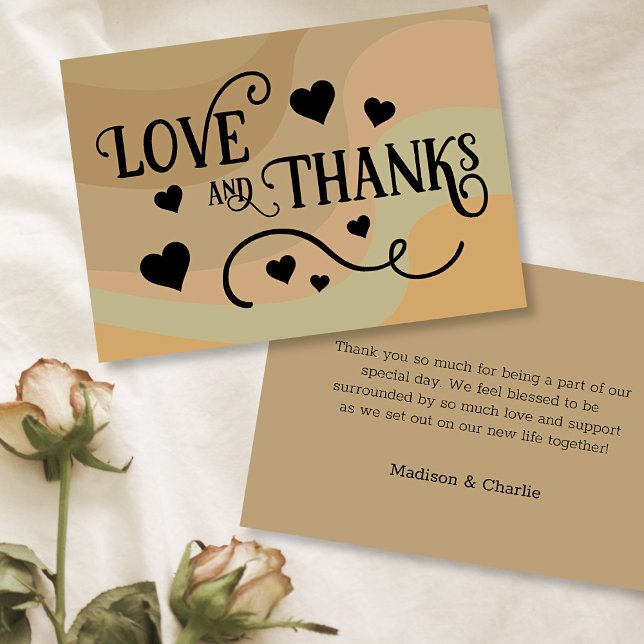 Love & Thanks Tan Retro Swirls & Hearts Wedding Thank You Card (In Situ Front and Back)