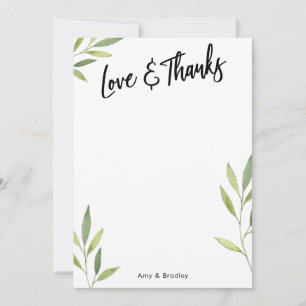 Love & Thanks Typography, Green Watercolor Foliage Thank You Card