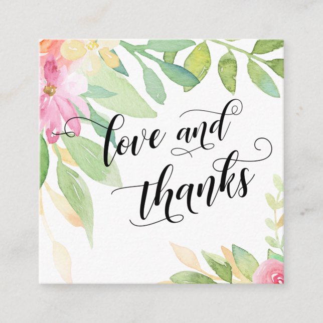 Love & Thanks Typography Pink Floral Wedding Favou Enclosure Card (Front)