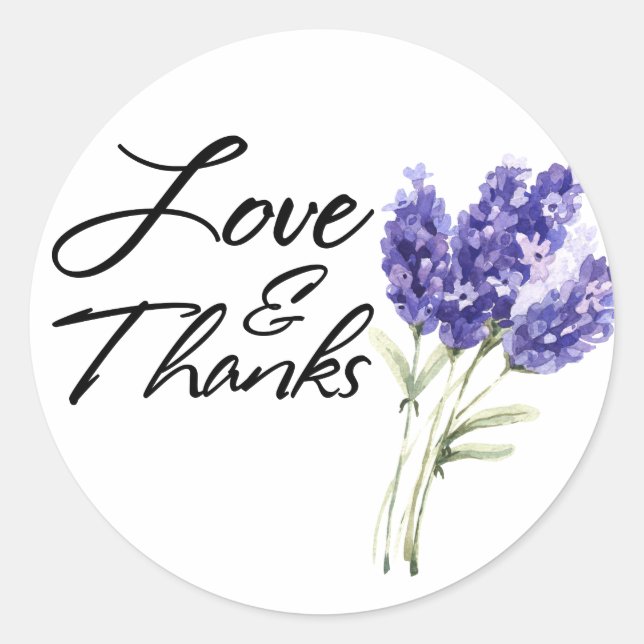 Love & Thanks, Watercolor Lavender Flowers Classic Round Sticker (Front)