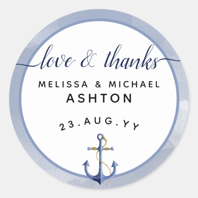 Love & Thanks Watercolor Nautical  Wedding Favour Classic Round Sticker (Front)