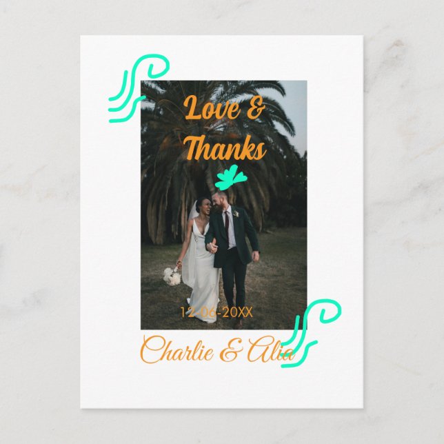 Love & thanks wedding couple photo modern add oran postcard (Front)