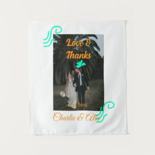 Love & thanks wedding couple photo modern add oran tapestry