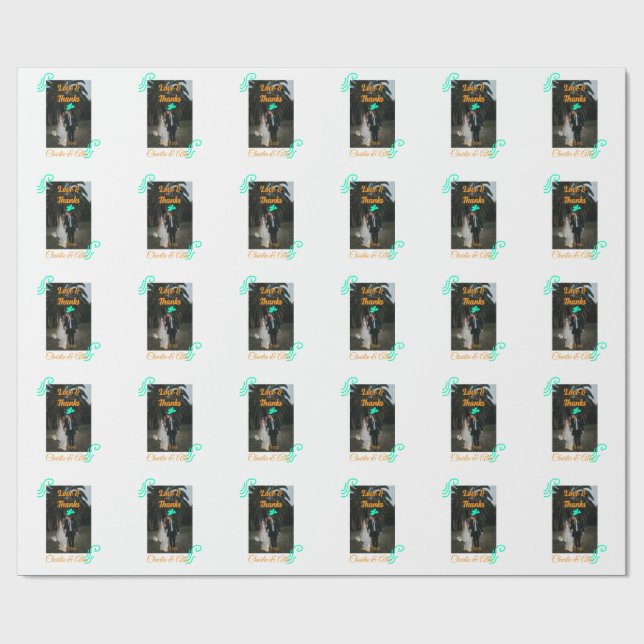 Love & thanks wedding couple photo modern add oran wrapping paper (Flat)