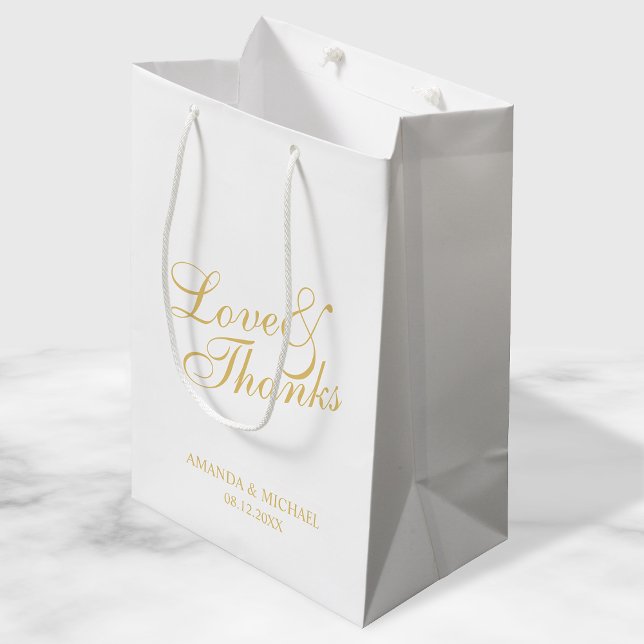 'Love & Thanks' White & Gold Elegant Wedding Favou Medium Gift Bag (Creator Uploaded)