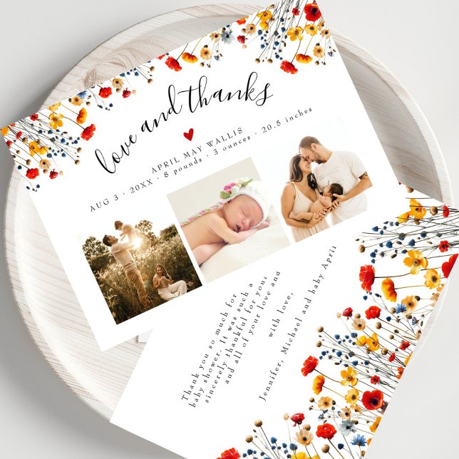 Love&Thanks Wildflower 3 Photo Baby Thank You Card (Creator Uploaded)