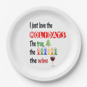 Love The Holidays, Tree, Lights and Wine Paper Plate
