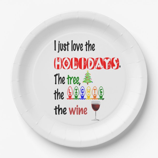Love The Holidays, Tree, Lights and Wine Paper Plate (Front)