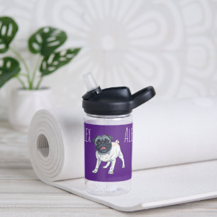 Love the Pug Aubergine Purple Custom Name Water Bottle