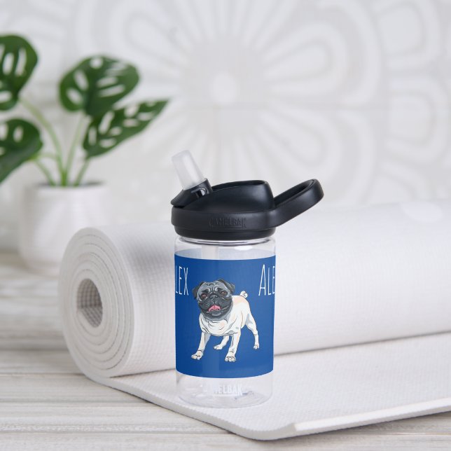 Love the Pug Blue Custom Name Water Bottle (Yoga)