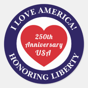 Love the USA Patriotic Red White Blue Heart 250th Classic Round Sticker
