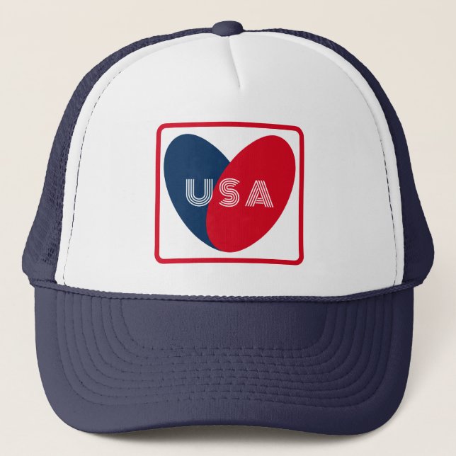 Love the USA Patriotic Red White Blue Simple Heart Trucker Hat (Front)