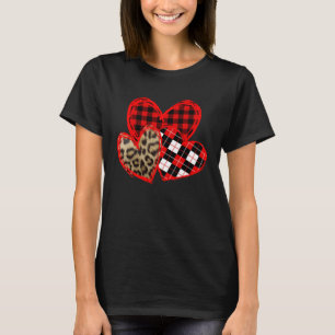 Love Three Hearts Leopard Buffalo Plaid Valentine T-Shirt