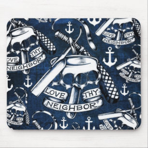 Love thy Neighbours retro Tattoo pattern in navy. Mouse Pad
