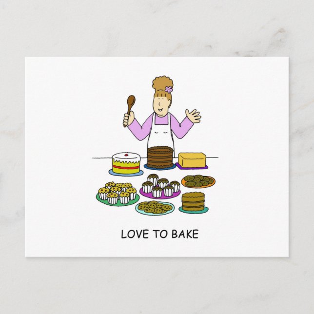 Love to Bake Cartoon Lady with Cakes Postcard (Front)