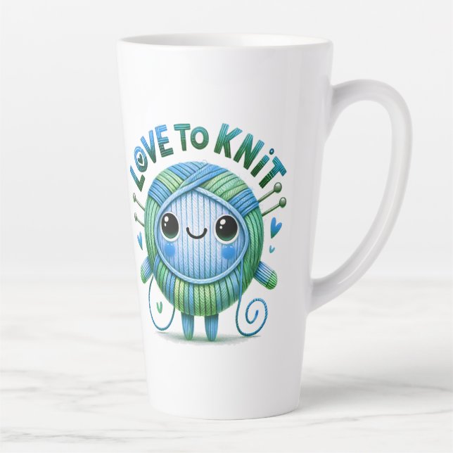 Love to Knit Quote Cute Blue Green Ball of Yarn Latte Mug (Right)