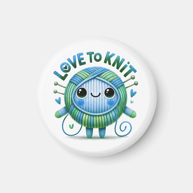 Love to Knit Quote Cute Blue Green Ball of Yarn Magnet (Front)