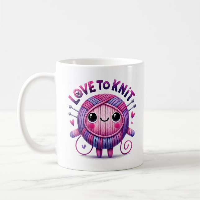 Love to Knit Quote Cute Pink Purple Ball of Yarn Coffee Mug (Left)