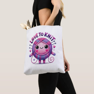 Love to Knit Quote Cute Pink Purple Ball of Yarn Tote Bag