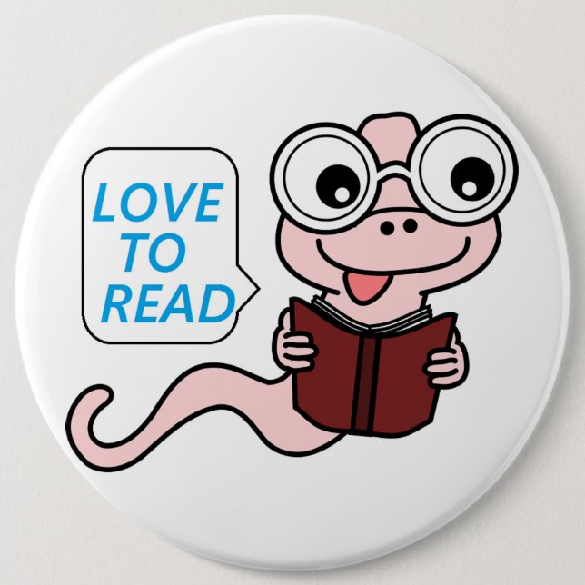 "LOVE TO READ" BOOKWORM 6 CM ROUND BADGE (Front)