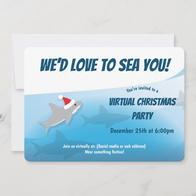 Love to Sea You Shark Blue Virtual Christmas Party Invitation (Front)