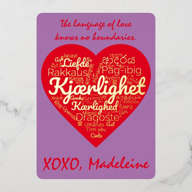 LOVE translated into 50 Languages Valentine's Day  Foil Holiday Card (Front)