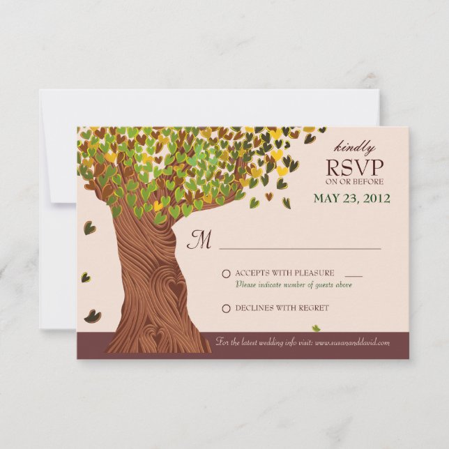 Love Tree Falling Heart Leaves RSVP Card (Front)