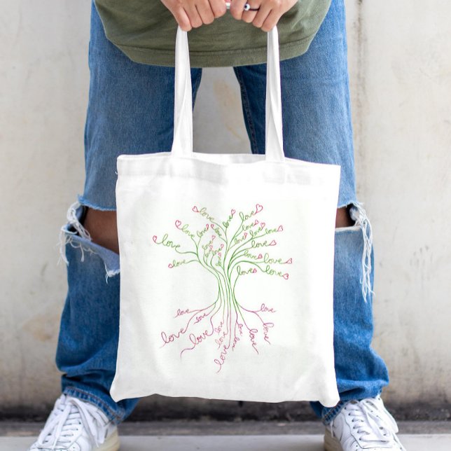 Love Tree of Life Art White Green Pink Hearts Cute Tote Bag (Creator Uploaded)