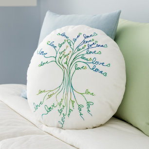 Love Tree of Life Art White Teal Blue Hearts Cute Round Cushion