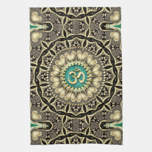 Love Tribal Black Gold OM Mandala Home Decor Tea Towel