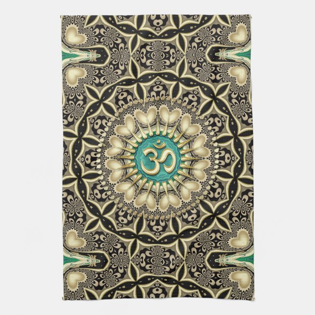 Love Tribal Black Gold OM Mandala Home Decor Tea Towel (Vertical)