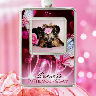 Love Tribute, Pink Hearts & Butterfly - Pet Photo Silver Plated Framed Ornament