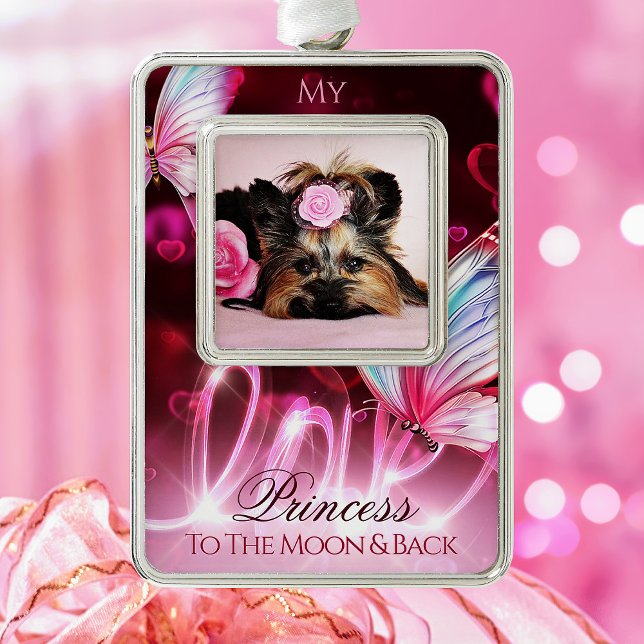 Love Tribute, Pink Hearts & Butterfly - Pet Photo Silver Plated Framed Ornament (Creator Uploaded)