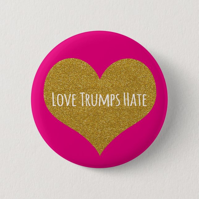 Love Trumps Hate Gold Glitter Heart Button (Front)
