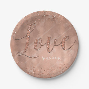 LOVE Type Text Faux Rose Gold Glitter Glam Party Paper Plate