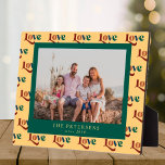 Love typography custom family photo and name plaque<br><div class="desc">Personalised keepsake plaque with custom photo,  family name,  and est year over a modern love bold colourful typography yellow pattern in a trendy earthy colour palette.</div>